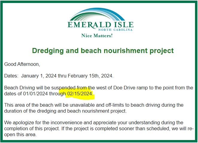 Emerald Isle Beach Driving Closed at “The Point” 2024